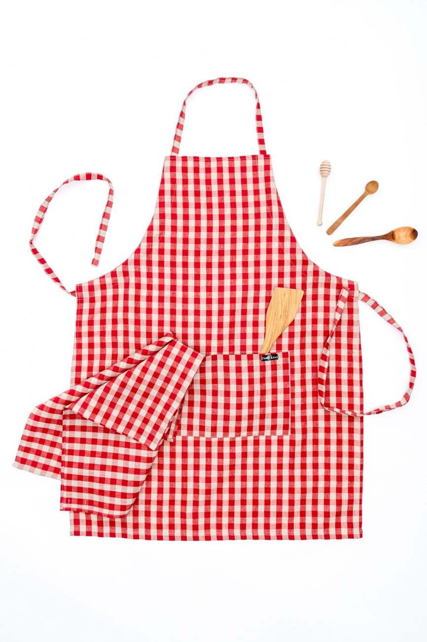 Vichy linen bib apron with a double pocket