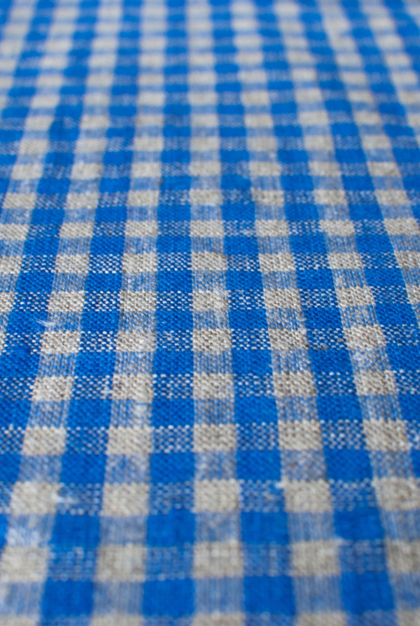 Washed blue & natural linen with mini ckeck pattern