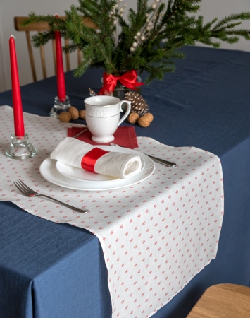 White linen Christmas table runner with red print
