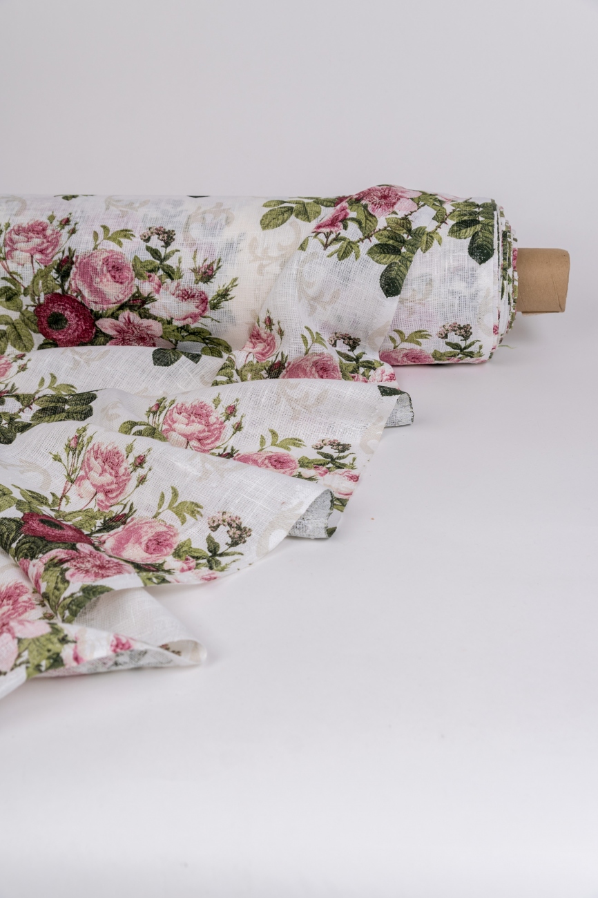 White linen fabric with rose print