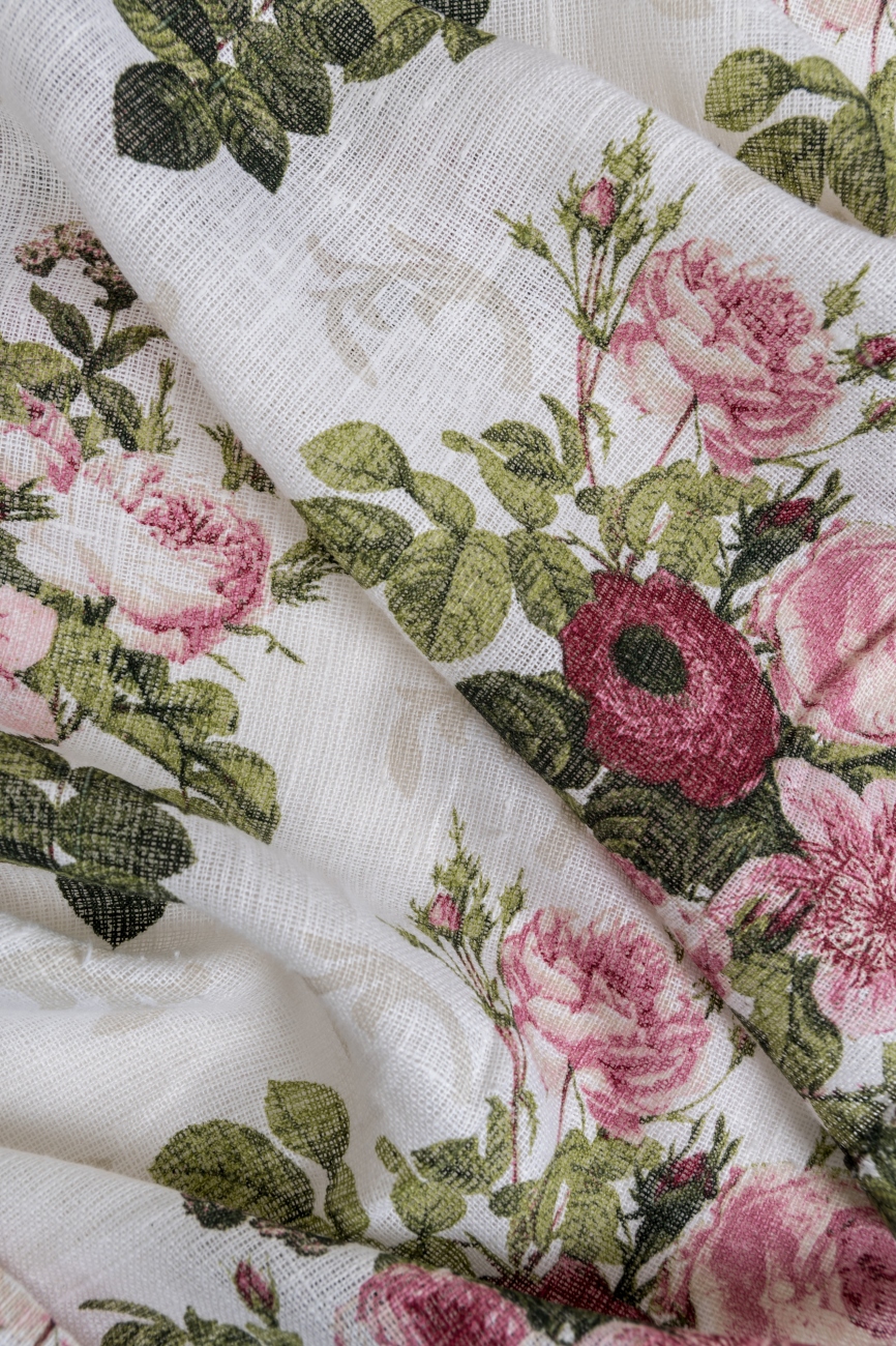 White linen fabric with rose print