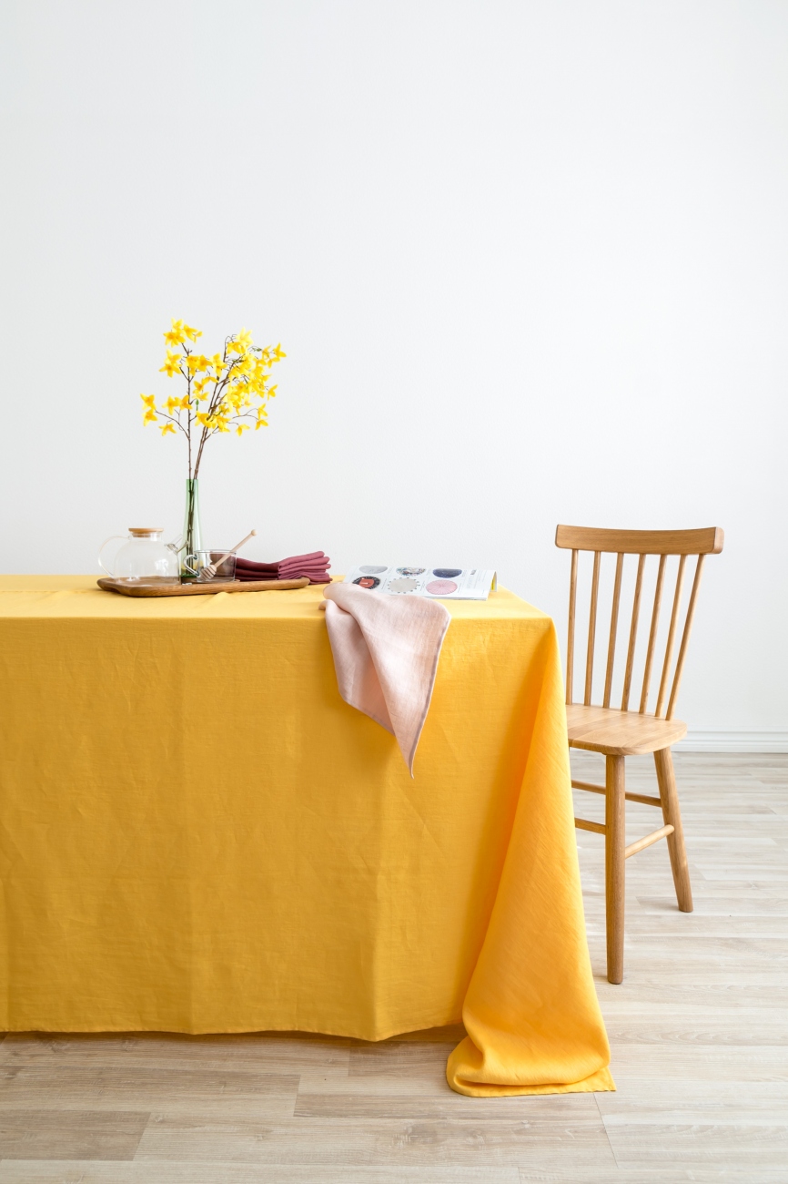 Yellow washed linen tablecloth